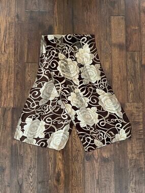 Vintage Accessory - Rectangular Floral Scarf - Brown Ivory Rose Semi Sheer Wrap